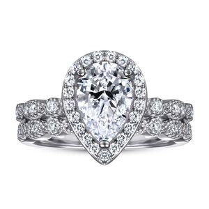 Halo Pear diamond Ring Set in pure 925 Sterling Silver size 10
